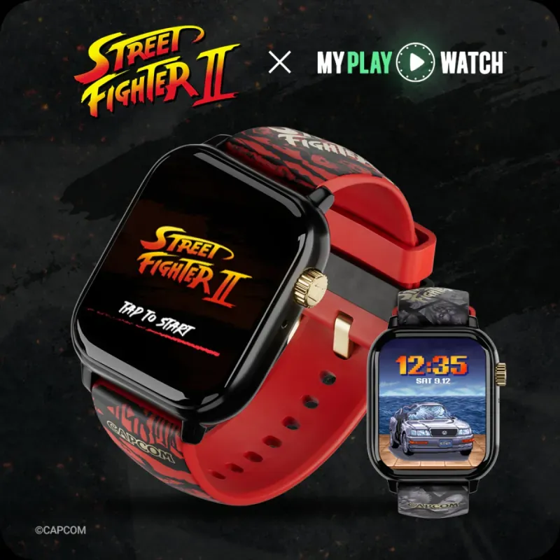 Relógio Street Fighter II: My Play Watch, licenciado pela Capcom, com o jogo na tela