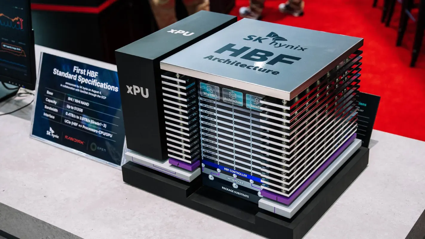 Modelo que mostra a estrutura da memória HBF exposto pela SK hynix na OCP Global Summit 2026