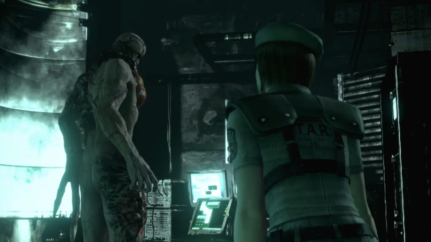 Cena de Resident Evil HD Remaster, que mantém as câmeras fixas que inspiram o projeto de fã