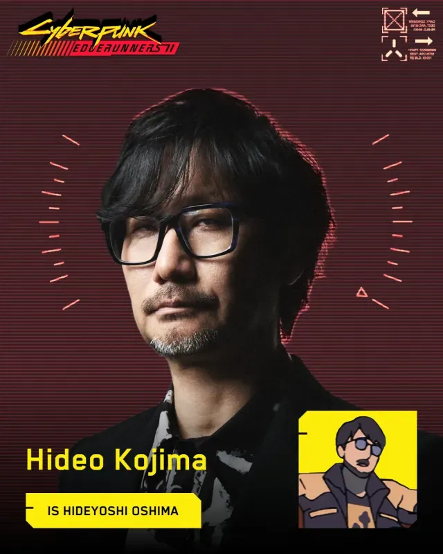 Arte oficial de Cyberpunk: Edgerunners 2 com foto de Hideo Kojima e o desenho de Hideyoshi Oshima no anime