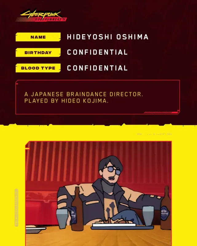 Ficha oficial de Hideyoshi Oshima, diretor de neurodança japonês interpretado por Hideo Kojima, com cena do personagem à mesa