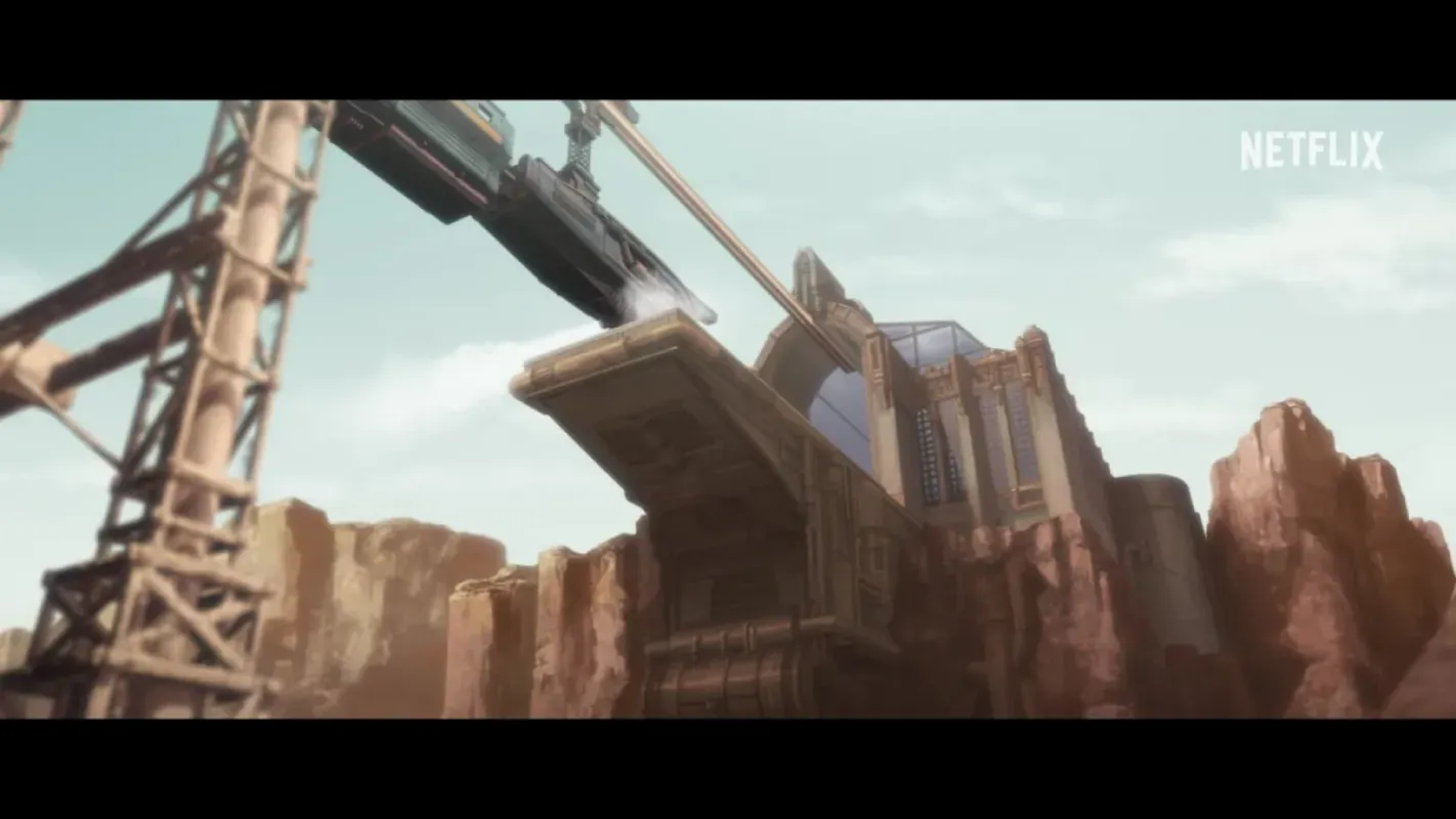 Estruturas mecânicas gigantes entre rochas do deserto em Bass X Machina