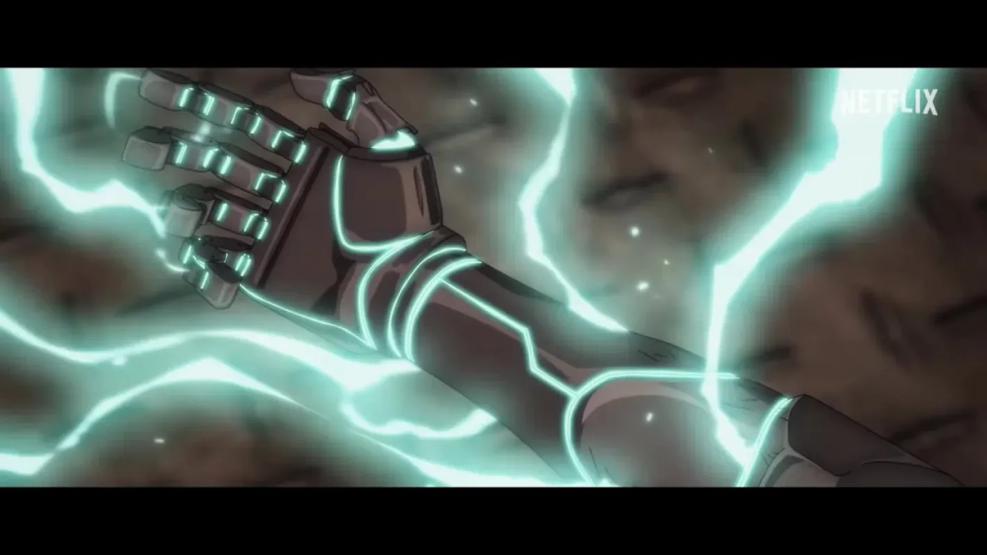 Braço mecânico envolto em descargas elétricas em cena de Bass X Machina