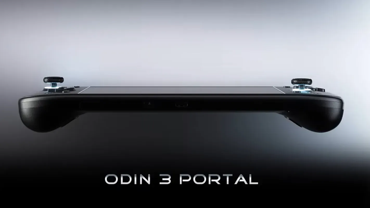 AYN Odin 3 Portal visto de perfil, mostrando a borda superior com os dois analógicos iluminados e o nome Odin 3 Portal abaixo