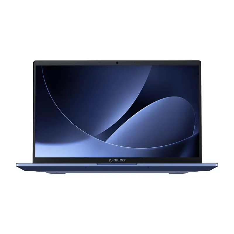 Notebook Orico Obook 15 AI na cor azul, aberto e visto de frente, com tela de bordas finas e o logotipo Orico abaixo do painel