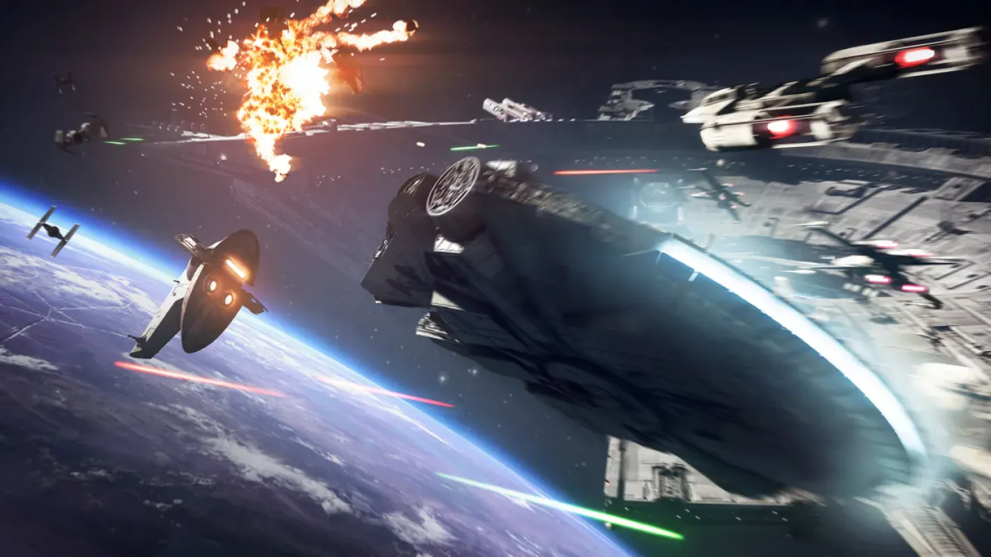 Millennium Falcon e Slave I em combate espacial com caças TIE em órbita de um planeta em Star Wars Battlefront 2
