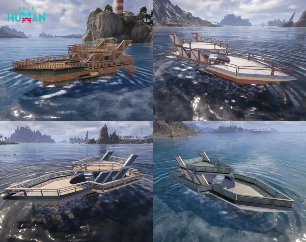 Quatro navios construídos por jogadores navegando no mar de Isles of Abyss, em Once Human