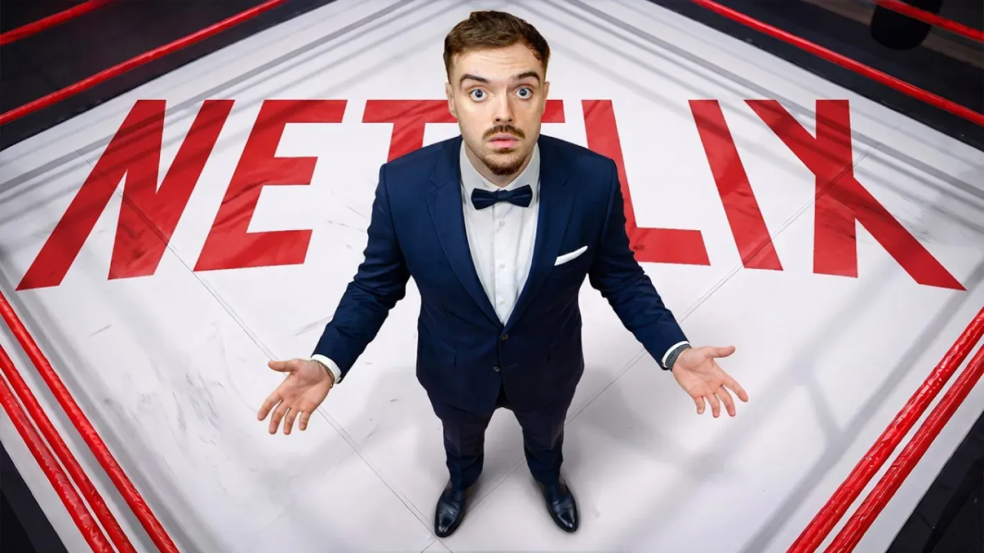 Ibai Llanos de smoking no meio de um ringue com o logo da Netflix no chão