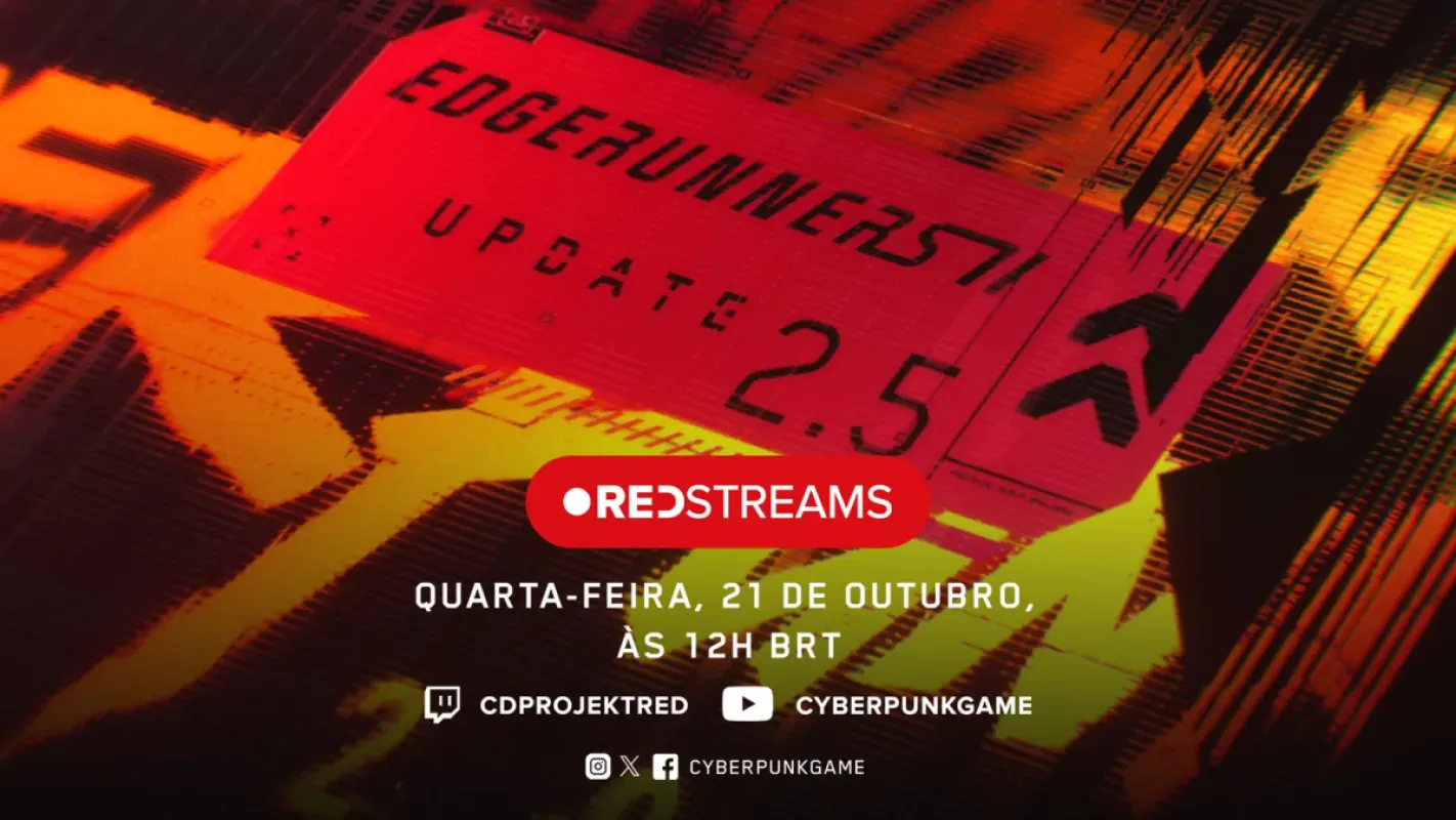 Arte de divulgação do REDstreams da atualização 2.5 de Cyberpunk 2077, em 21 de outubro às 12h
