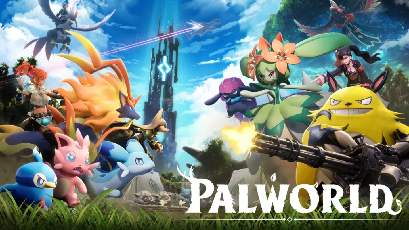 Arte oficial de Palworld com vários Pals em campo aberto, entre eles um Pal amarelo com uma metralhadora