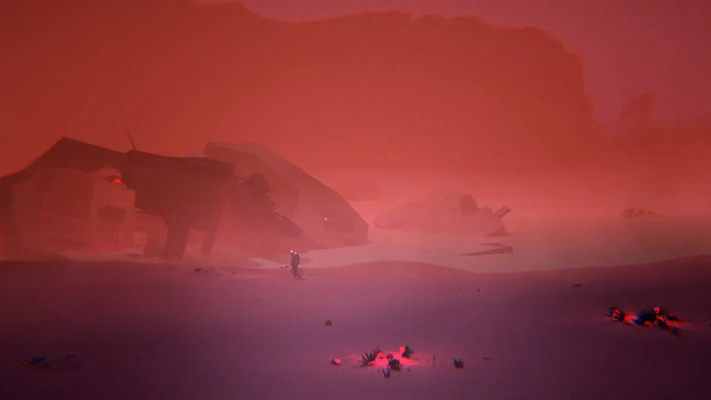 Paisagem avermelhada do exoplaneta de Magenta Down, com destroços espalhados pelo chão