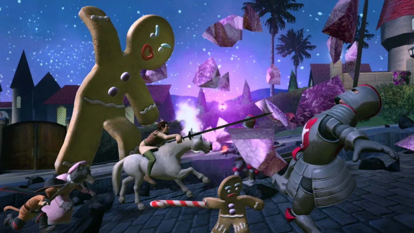 Biscoito gigante enfrenta guardas do castelo em fase noturna de Shrek 2 Remastered