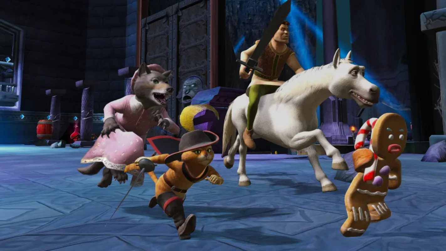 Burro, Gato de Botas, Biscoito e um cavaleiro correm juntos em fase de Shrek 2 Remastered