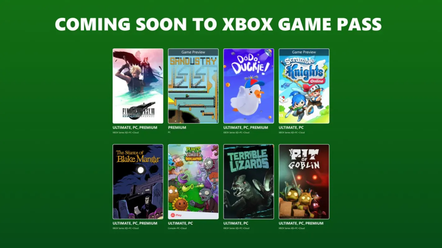 Arte oficial de Coming soon to Xbox Game Pass com os jogos da segunda leva de outubro