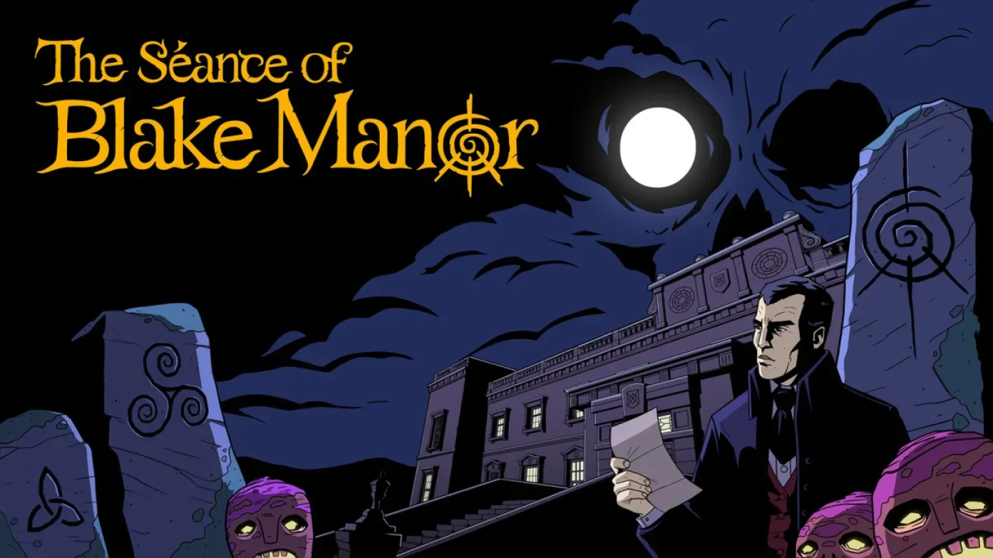 Arte oficial de The Séance of Blake Manor, com o detetive diante da mansão à noite