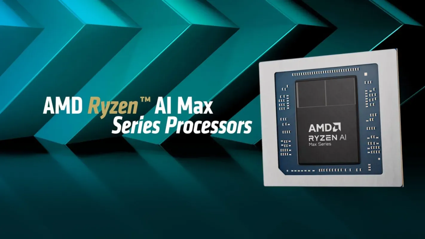 Processador AMD Ryzen AI Max, usado em notebooks e miniPCs, em arte oficial da AMD