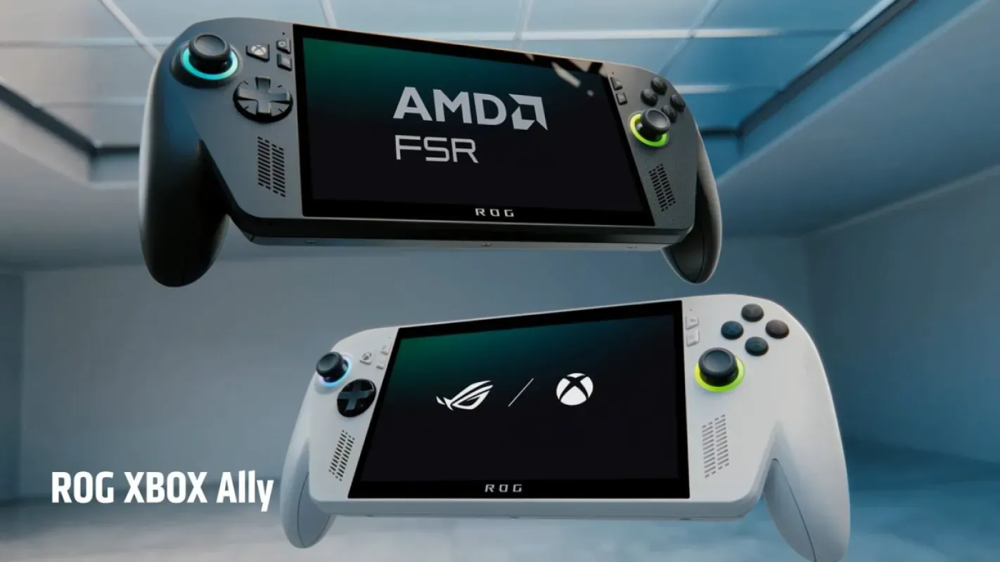 Portátil ROG Xbox Ally com o logotipo do AMD FSR na tela