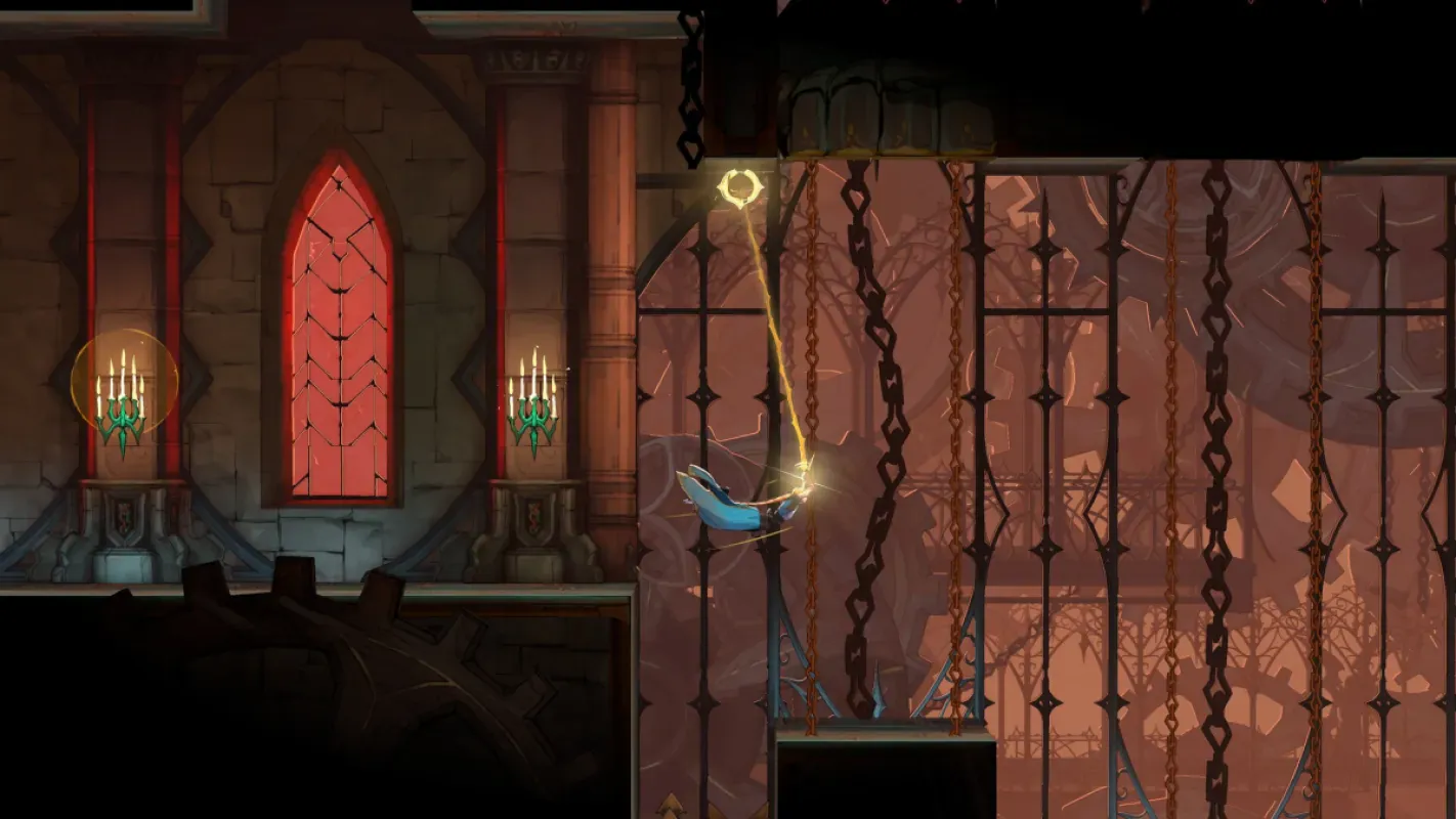 Personagem caminha por um salão gótico do castelo, com vitrais vermelhos, em Castlevania: Belmont's Curse