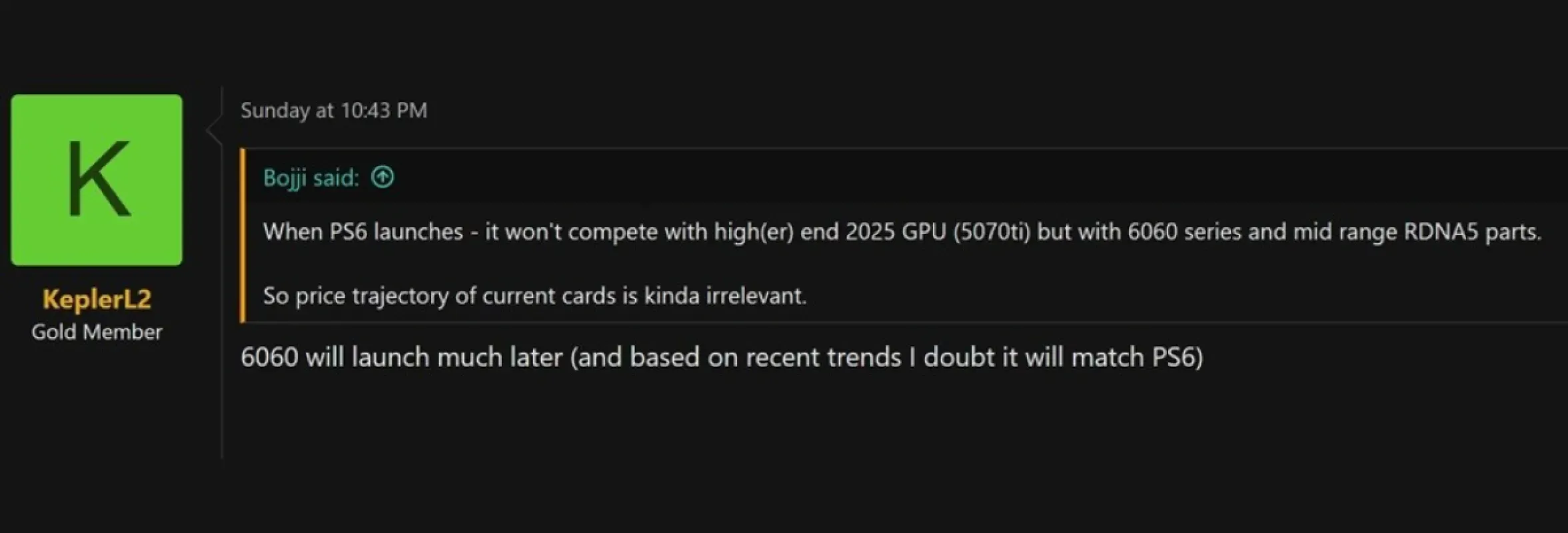 Captura do comentário de Kepler_L2 no fórum NeoGAF sobre o lançamento da placa 6060