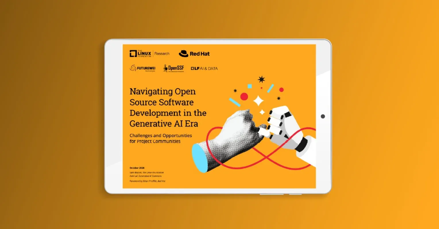 Capa do relatório da Linux Foundation sobre desenvolvimento open source na era da IA generativa, exibida num tablet sobre fundo laranja