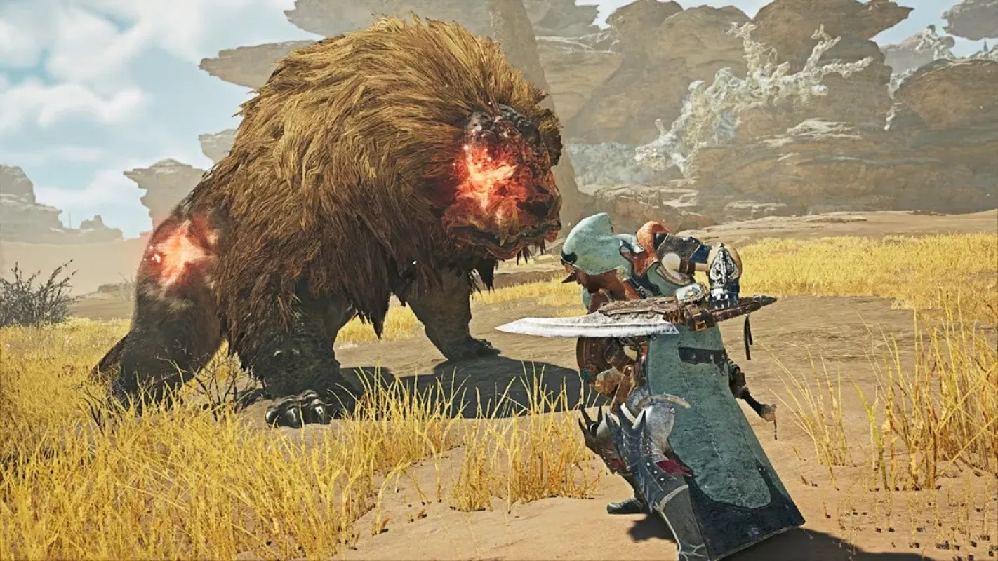 Caçador enfrenta um monstro de grande porte num campo aberto em Monster Hunter Wilds no Switch 2