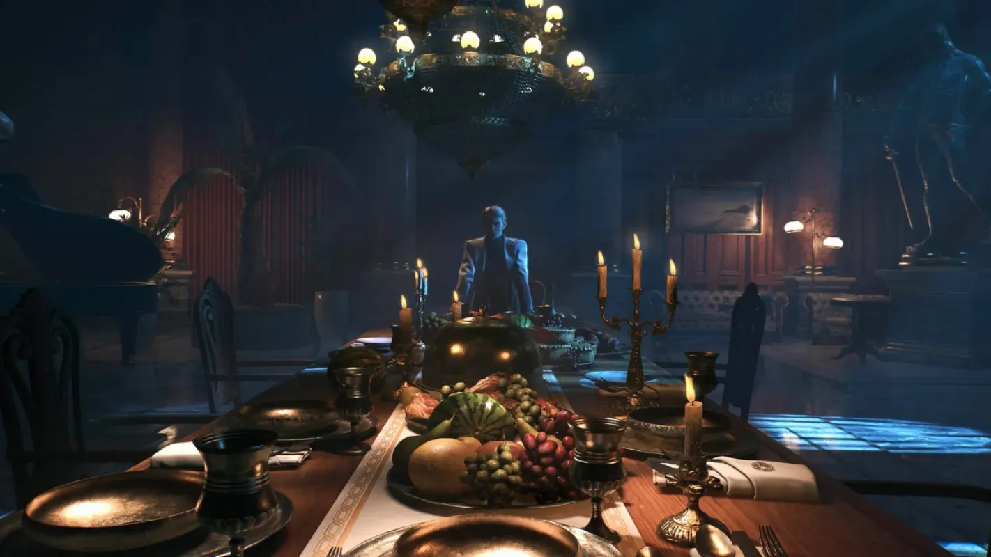 Salão escuro de uma mansão iluminado por candelabros em Dying Light: The Beast