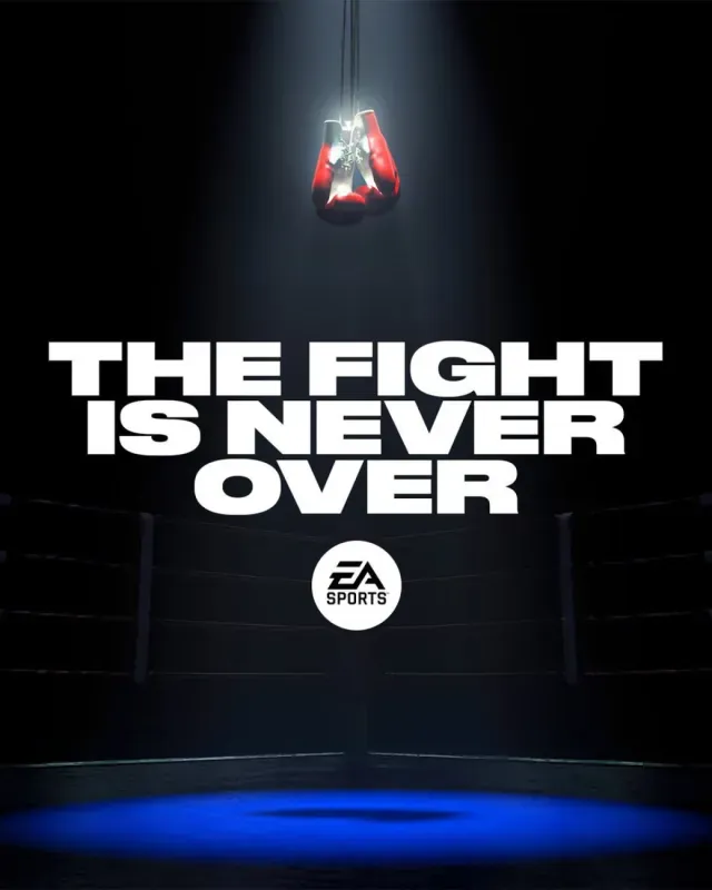 Imagem de teaser de Fight Night com luvas sobre um ringue vazio e a frase The fight is never over