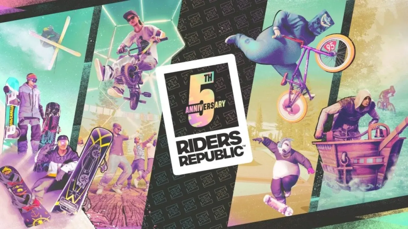 Arte oficial dos cinco anos de Riders Republic, com ciclistas, esquiadores e o logotipo comemorativo