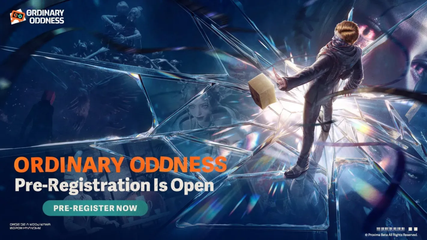 Arte oficial do pré-registro de Ordinary Oddness, com o protagonista sobre um vidro estilhaçado