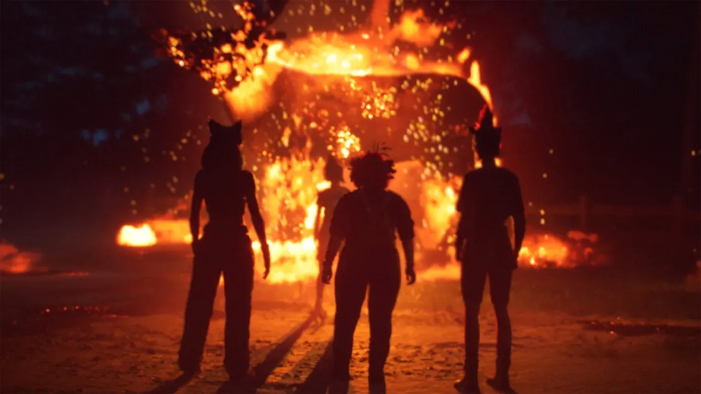 Três silhuetas de personagens em pé diante de uma grande fogueira, com faíscas no ar, em cena de Lost Records: Bloom & Rage