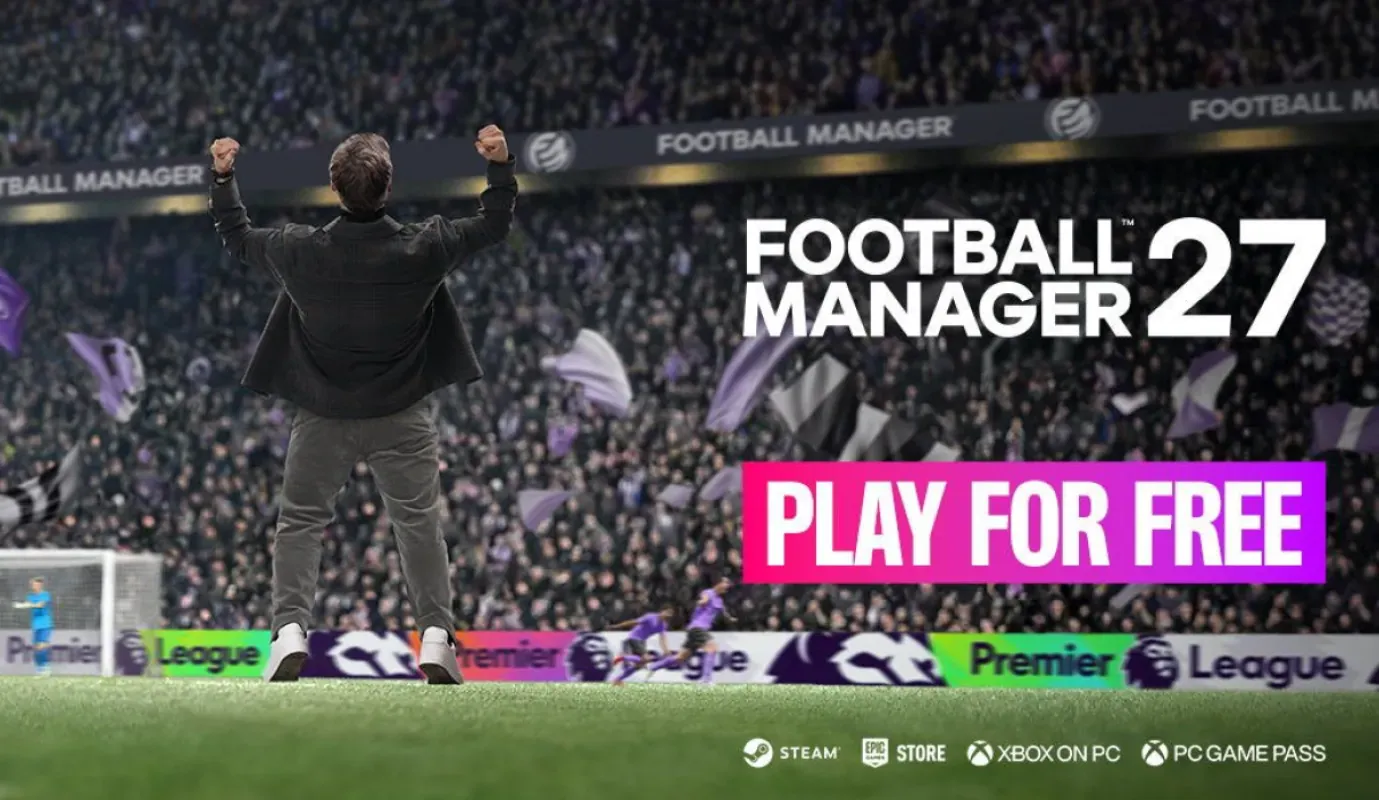 Arte oficial do período gratuito de Football Manager 27, com um treinador comemorando diante da torcida e o aviso Play for free