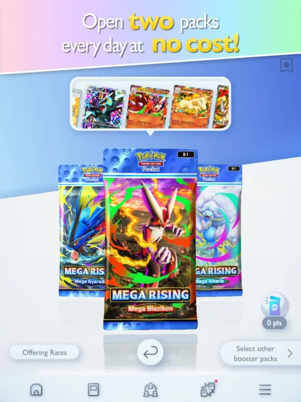 Tela de Pokémon TCG Pocket com pacotes de cartas para abrir