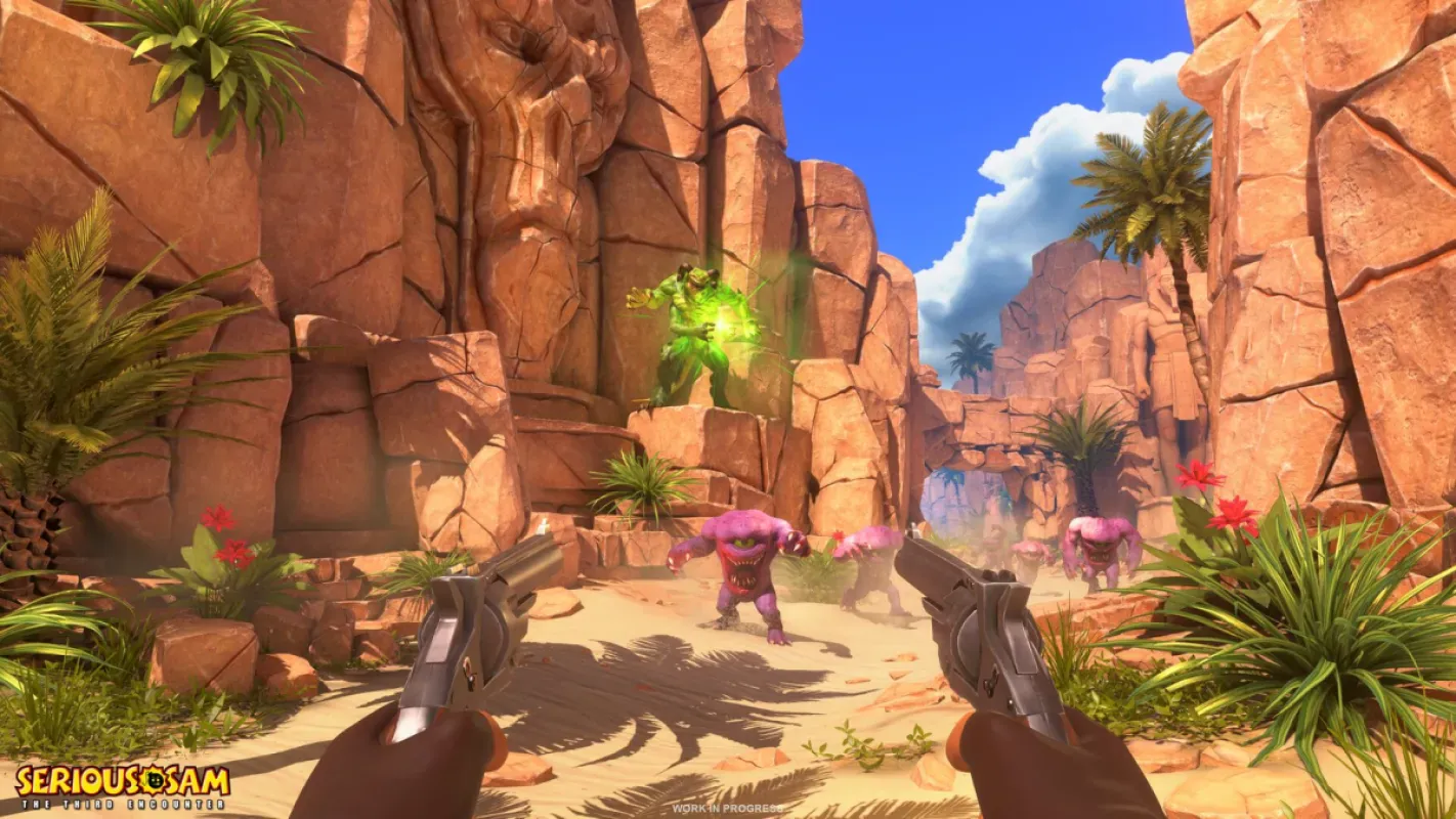 Visão em primeira pessoa com duas pistolas diante de inimigos em um cânion de Serious Sam: The Third Encounter