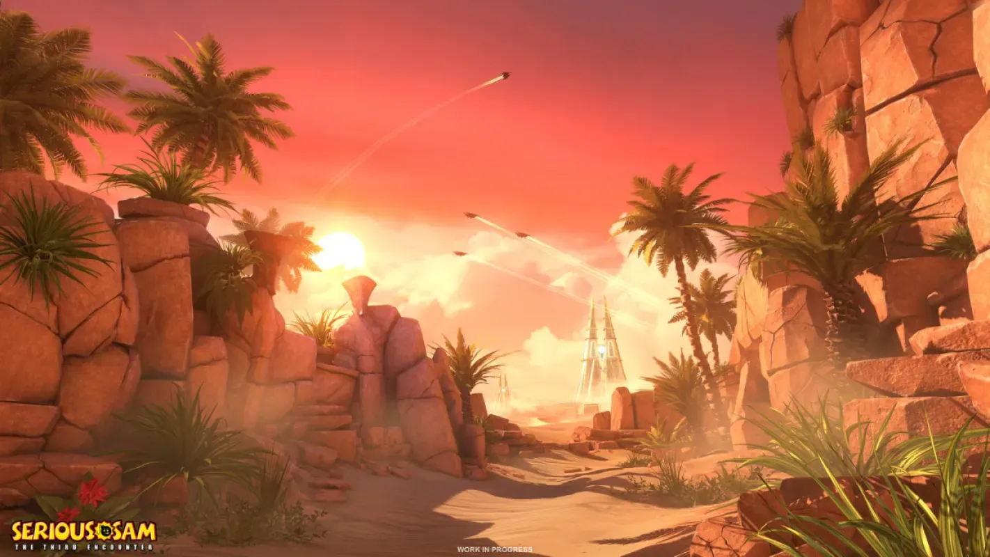 Cânion com palmeiras ao pôr do sol em Serious Sam: The Third Encounter