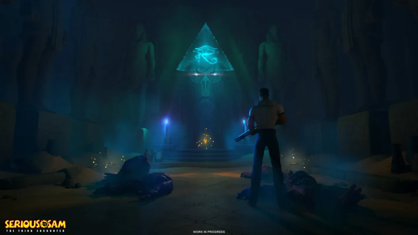 Sam em um templo escuro iluminado por um símbolo alienígena em Serious Sam: The Third Encounter