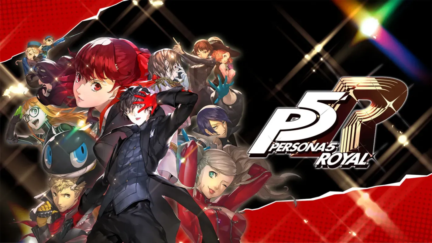 Arte de Persona 5 Royal com Joker e os Ladrões Fantasmas em fundo vermelho