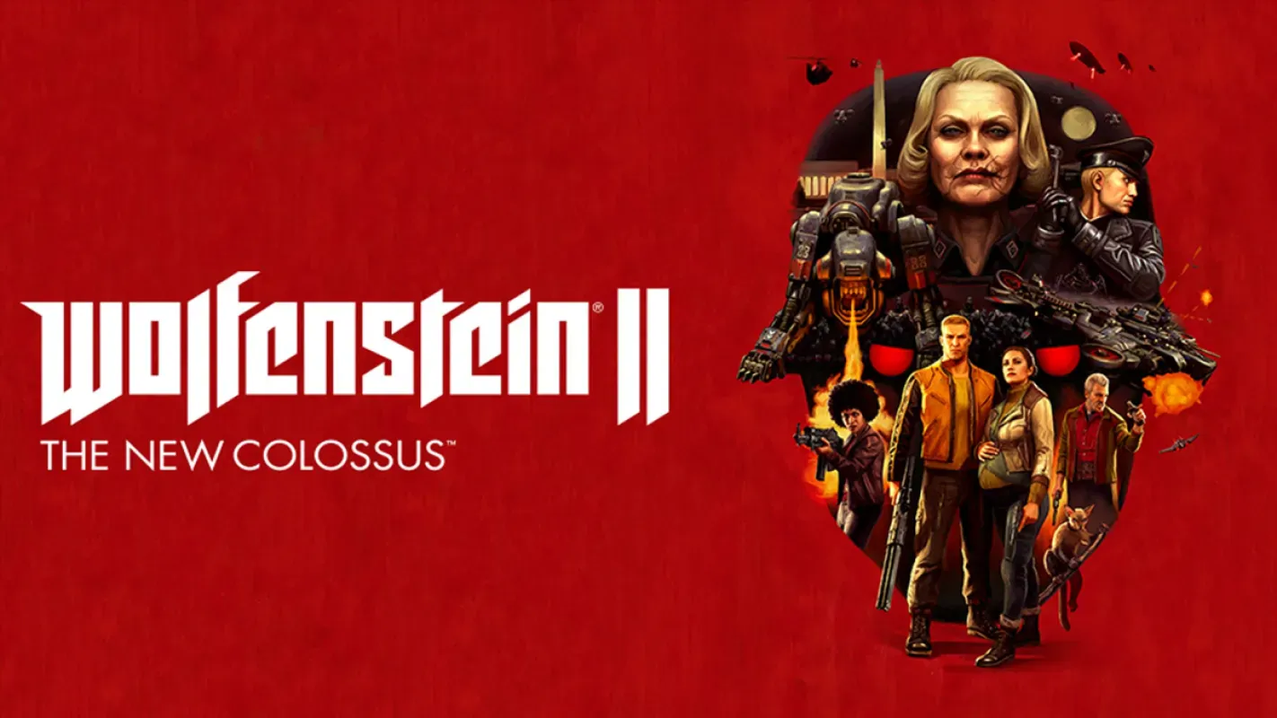 Arte de Wolfenstein II: The New Colossus com o logotipo do jogo e a resistência liderada por B.J. Blazkowicz em fundo vermelho
