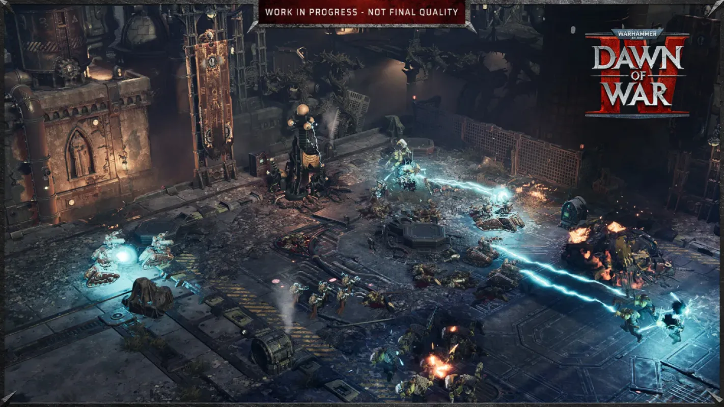 Tropas disparam feixes de energia em combate entre ruínas de uma cidade em Dawn of War IV