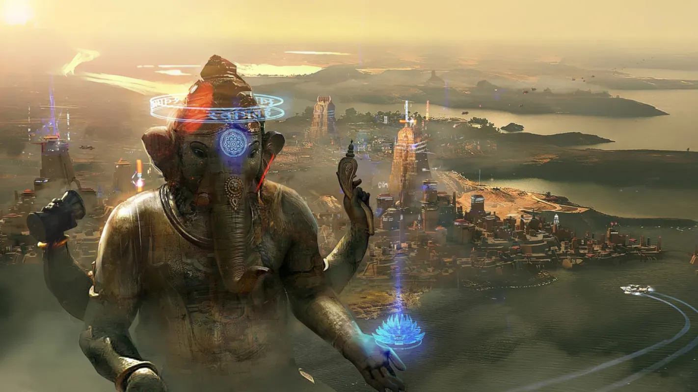 Estátua gigante de Ganesha com visor tecnológico domina uma cidade futurista à beira-mar em arte de Beyond Good & Evil 2