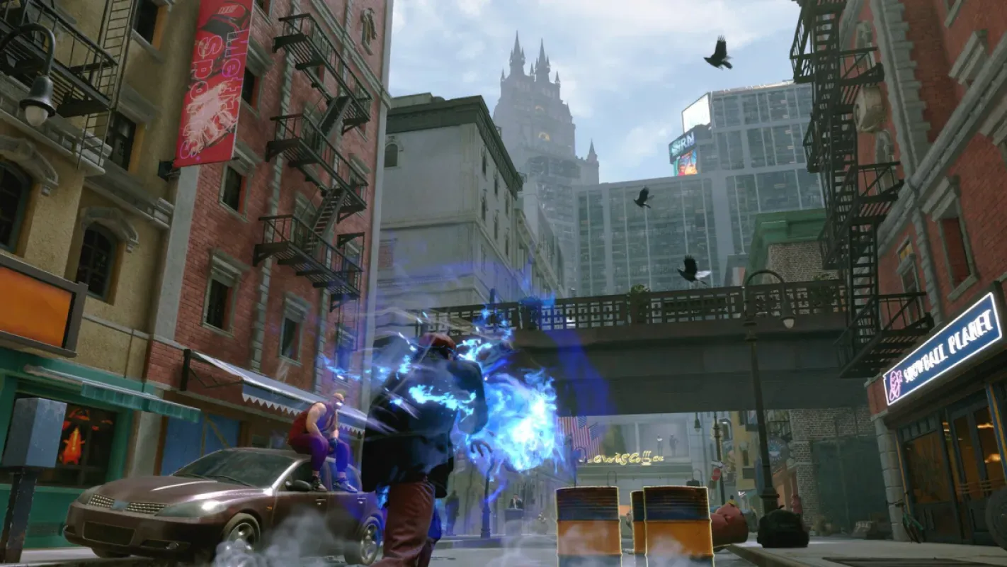 Personagem lutando em uma rua de Metro City no modo World Tour de Street Fighter 6