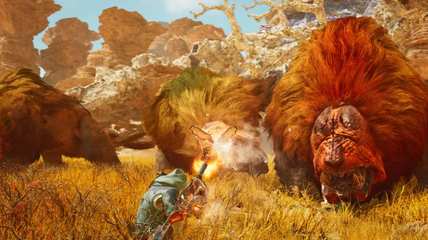 Caçador enfrenta um monstro peludo em uma savana de Monster Hunter Wilds