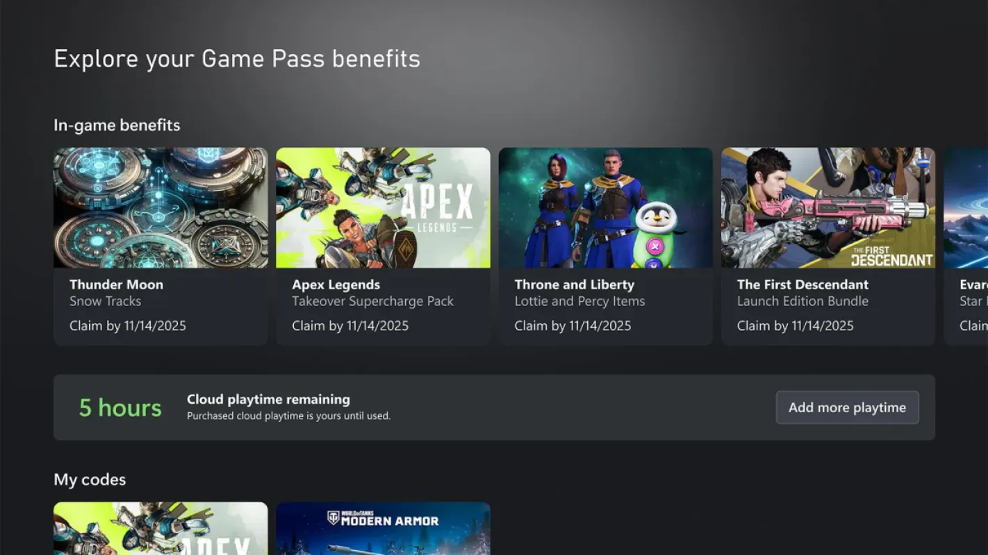 Tela de benefícios do Game Pass mostrando horas de cloud playtime restantes