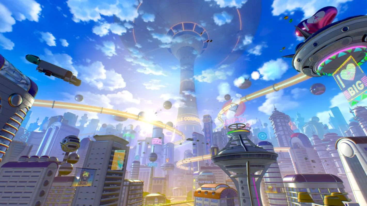 Vista da West City futurista na Era 1000 em Dragon Ball Xenoverse 3