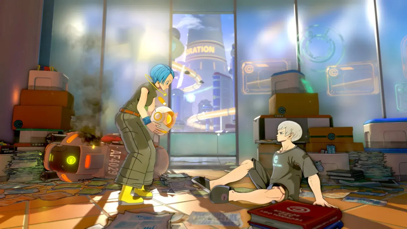 Personagens em uma sala cheia de caixas e papéis em Dragon Ball Xenoverse 3
