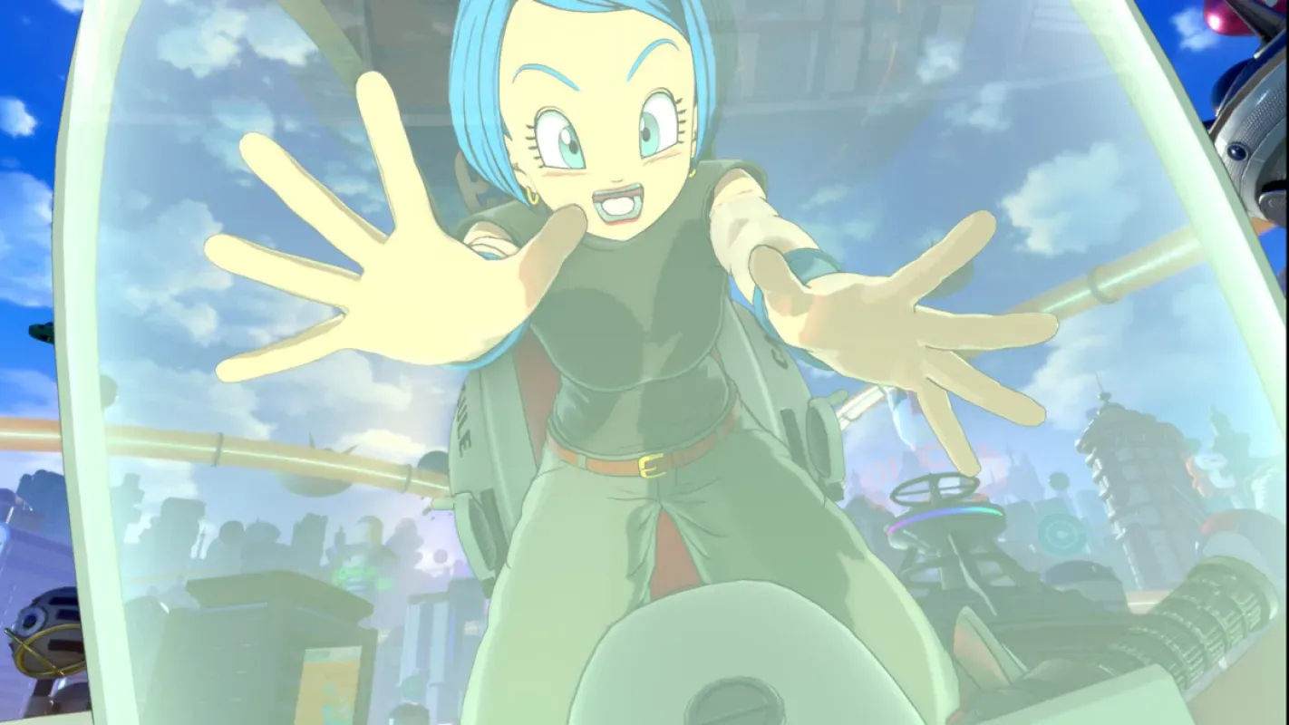 Personagem de cabelo azul estende os braços em cena de Dragon Ball Xenoverse 3