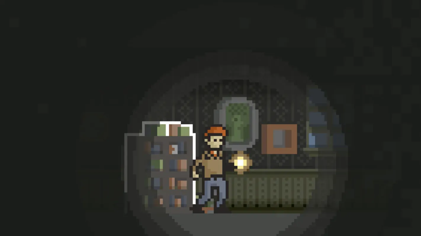Personagem em pixel art segura uma lanterna diante de uma estante em um cômodo escuro, em Home: A Unique Horror Adventure