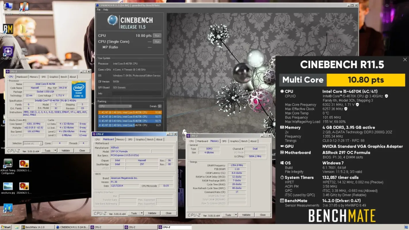 Tela do Cinebench R11.5 com o resultado de 10,8 pontos do Core i5-4670K a 6,3 GHz