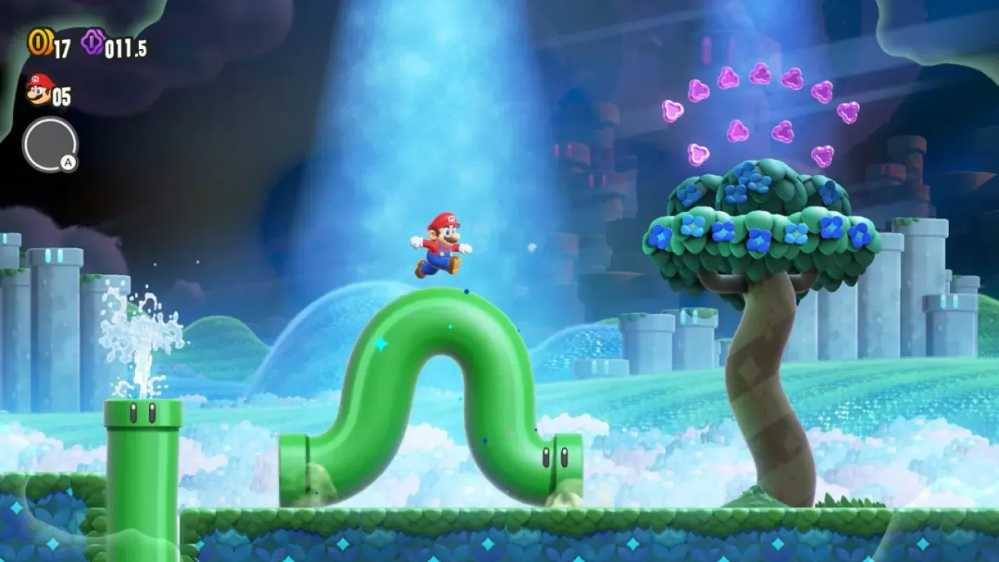 Mario pulando sobre um cano verde ondulado em fase colorida de Super Mario Bros. Wonder