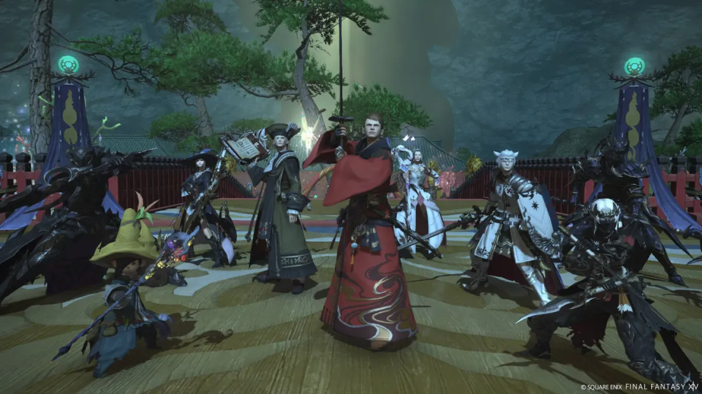 Grupo de personagens reunidos em cena de Final Fantasy XIV Online
