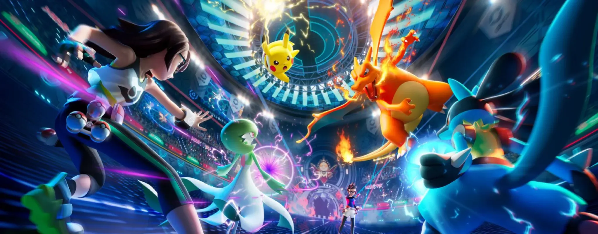 Arte oficial de Pokémon Champions com treinadores e Pokémon em batalha